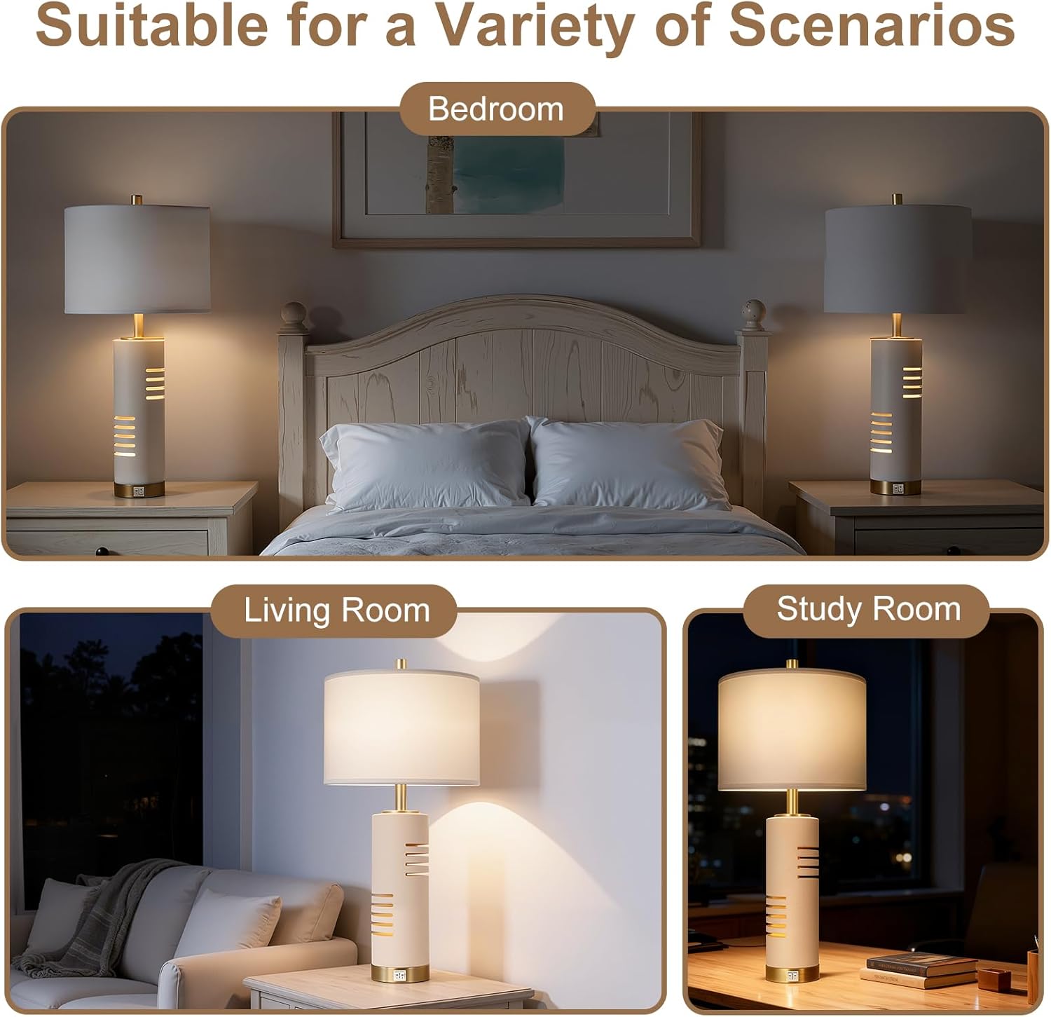 27.5" Faux Stone Table Lamps Set of 2 with Night Light, Farmhouse Lamps for Living Room with USB A+C Ports, Bedside Table Lamps with Linen Shade for Bedroom Nightstand Office (Bulb Included) - Image 6