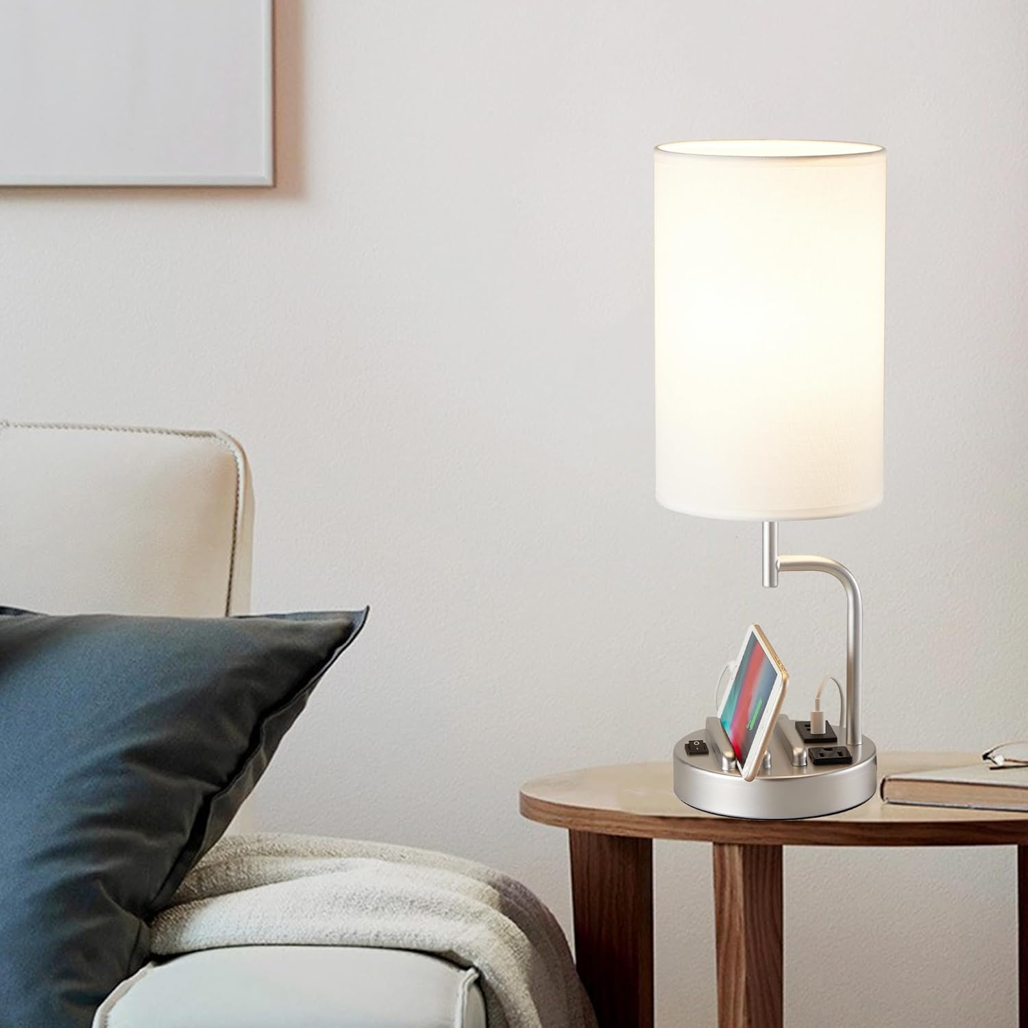 Dreamholder Table Lamp with 3 USB Charging Ports, Modern Desk Lamp with AC Outlet and Phone Stands, Perfect Bedside Lamp for Bedroom, Living Room, Office (Pack of 2), Silver - Image 6