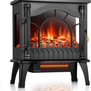 ZAFRO Freestanding Electric Fireplace Stove with Realistic Flame, 5100 BTU Electric Fireplace Heater with Retro Design, 1000W/1500W, Dual Safety Protection for Living Room, Bedroom
