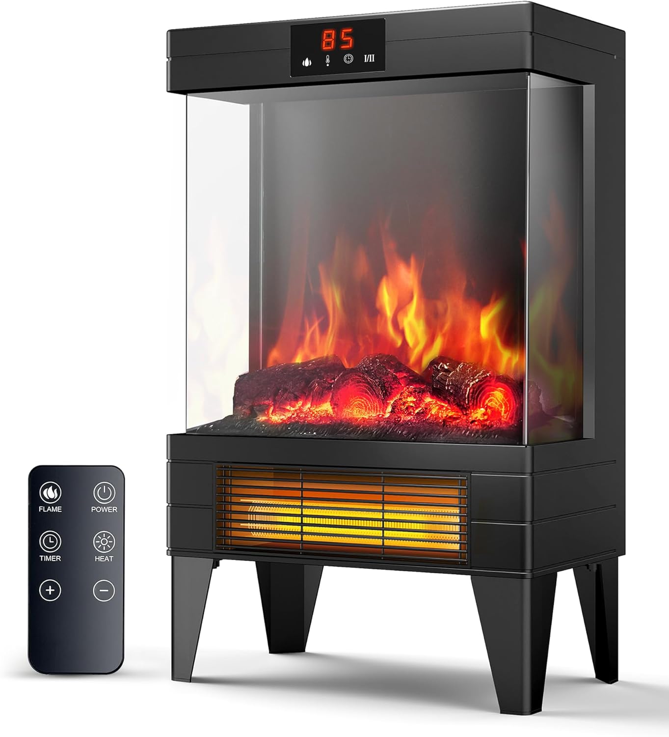 Electric Fireplace Stove Heater – Freestanding Fireplace Heater for Indoor Use with Realistic 3D Flame, Adjustable Thermostat & Remote, Quiet, Timer for Living Room and Bedroom