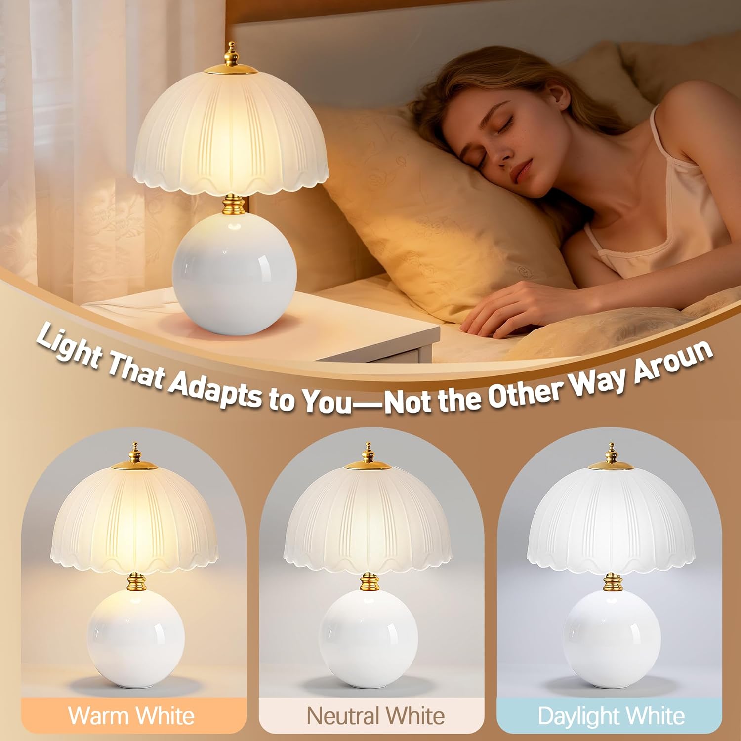 PARTPHONER Mushroom Table Lamp, Ceramic Bedside Lamp with Glass Shade, 3-Way Lighting (2700K-5000K) Rocker Switch, Small Nightstand Lamp for Bedroom, Living Room, Office, White - Image 3