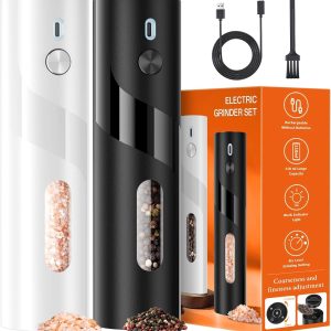 110ml Electric Salt and Pepper Grinder Set, 2-Pack Auto Salt and Pepper Shakers with Large Capacity, Rechargeable, Adjustable Coarseness for Kitchen, Outdoor Dining (Black & White)