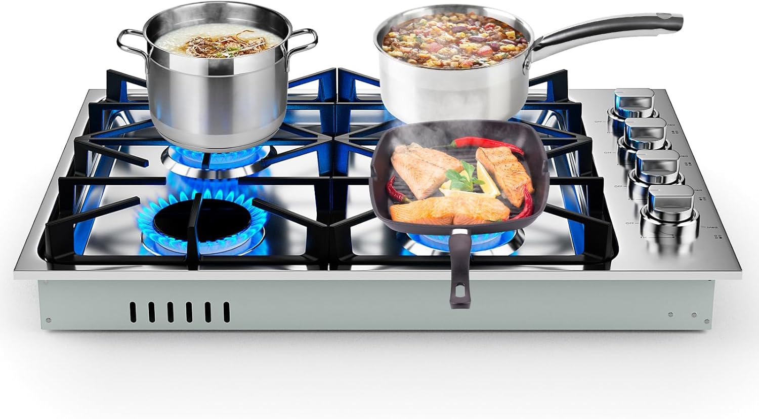 30-Inch Gas Cooktop, SIMOE Gas Stove Top Bulit-in with 4 Burner, Stainless Steel, NG/LPG Convertible Gas Hob with Cast Iron Grill/Griddle, 120V, Gas Range Top for Kitchen