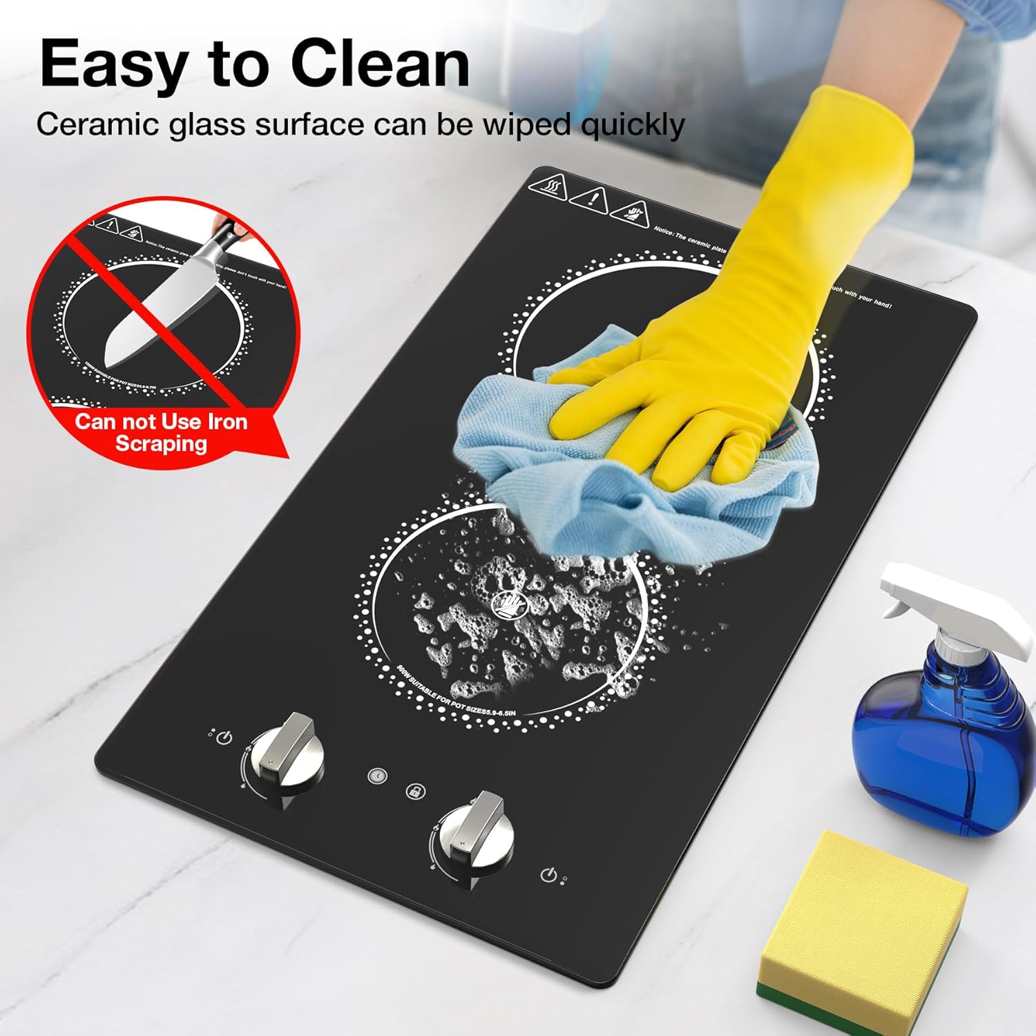 2 Burner Electric Cooktop - 12 Inch Electric Stove Top with Plug, 2100W Countertop Burners & Built-In Stove Top, 9 Levels of Power, Knob Control, Timer & Kid Safety Lock, Residual Heat Warning - Image 9