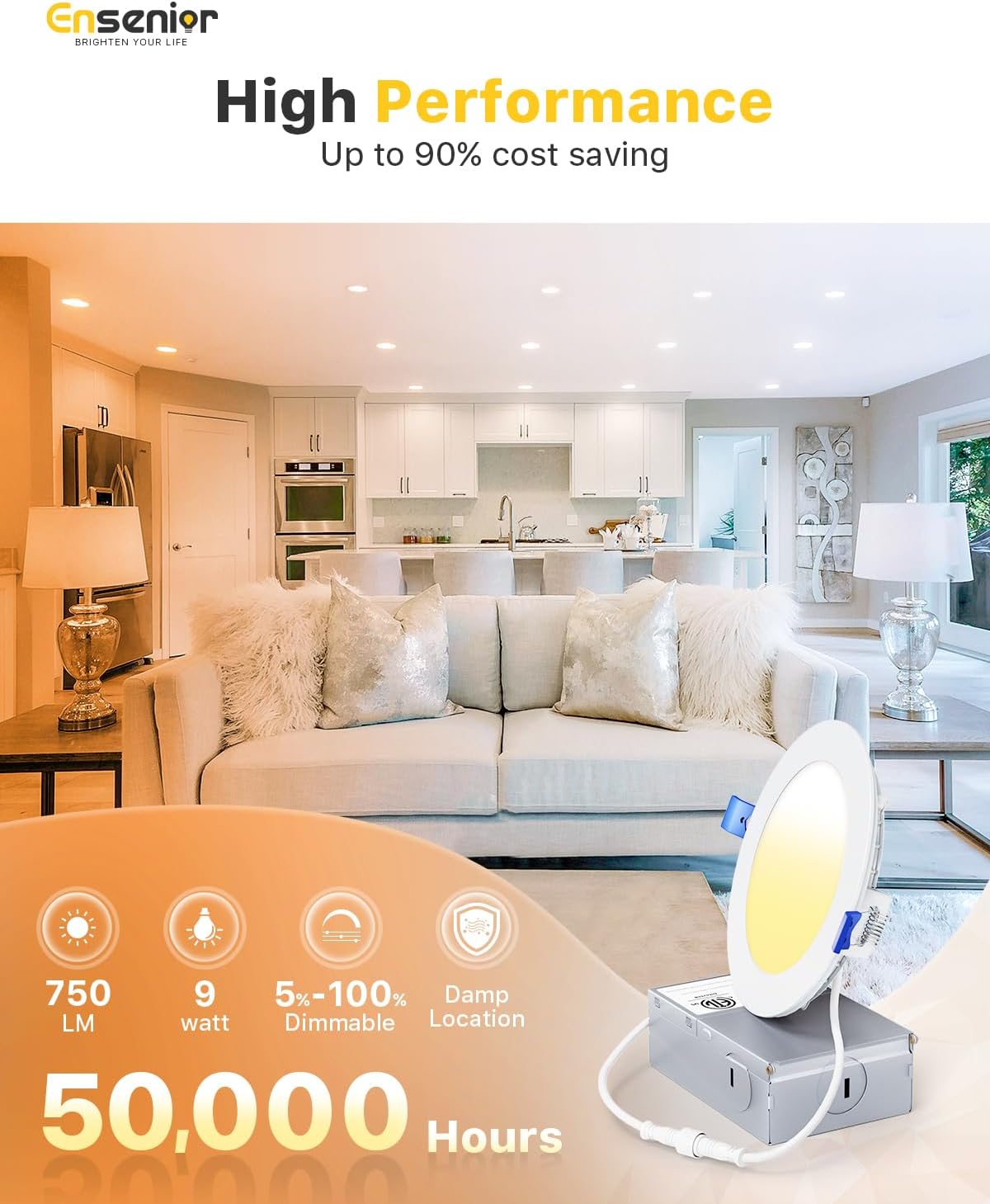 Ensenior 4 Pack 4 Inch LED Recessed Light, Dimmable, 2700K-5000K 5CCT, 750LM High Brightness, 9W 120V, Damp Rated, Ultra-Thin Canless Wafer Ceiling Light - ETL & FCC & IC - Image 2