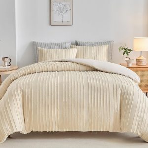 WARMDERN Khaki Boho Duvet Cover Set Queen Size, Striped Textured Tufted Bedding Set, 3 Piece Soft Washed Microfiber Duvet Cover with Zipper Closure (Khaki)