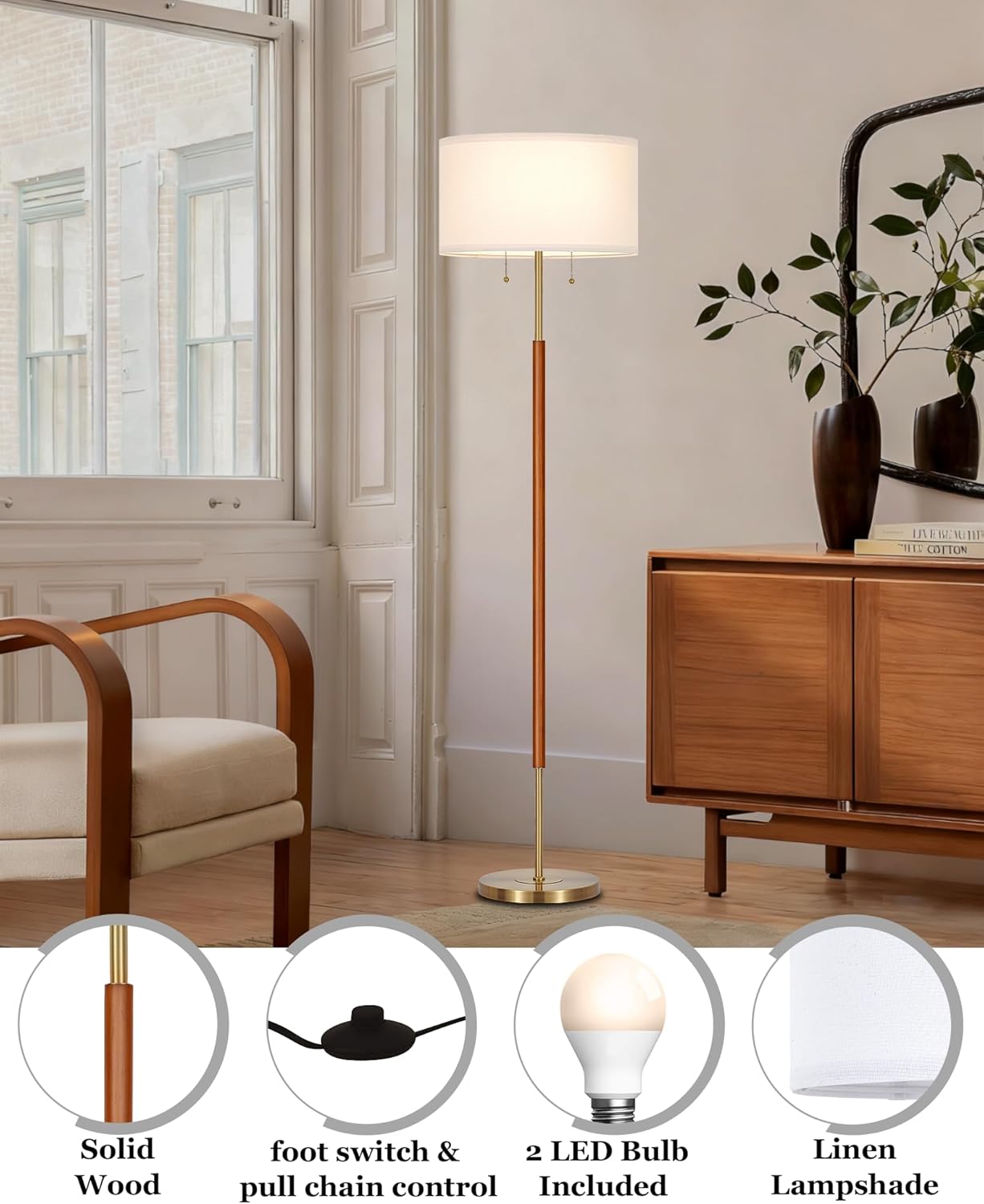 BTP Mid Century Floor Lamp for Bedroom, 2-Lights Wood Floor Lamp with Dual Switch, Tall Reading Standing Light for Living Room Office Farmhouse, 3 Color Temperatures 9W Bulbs*2 Included - Image 2