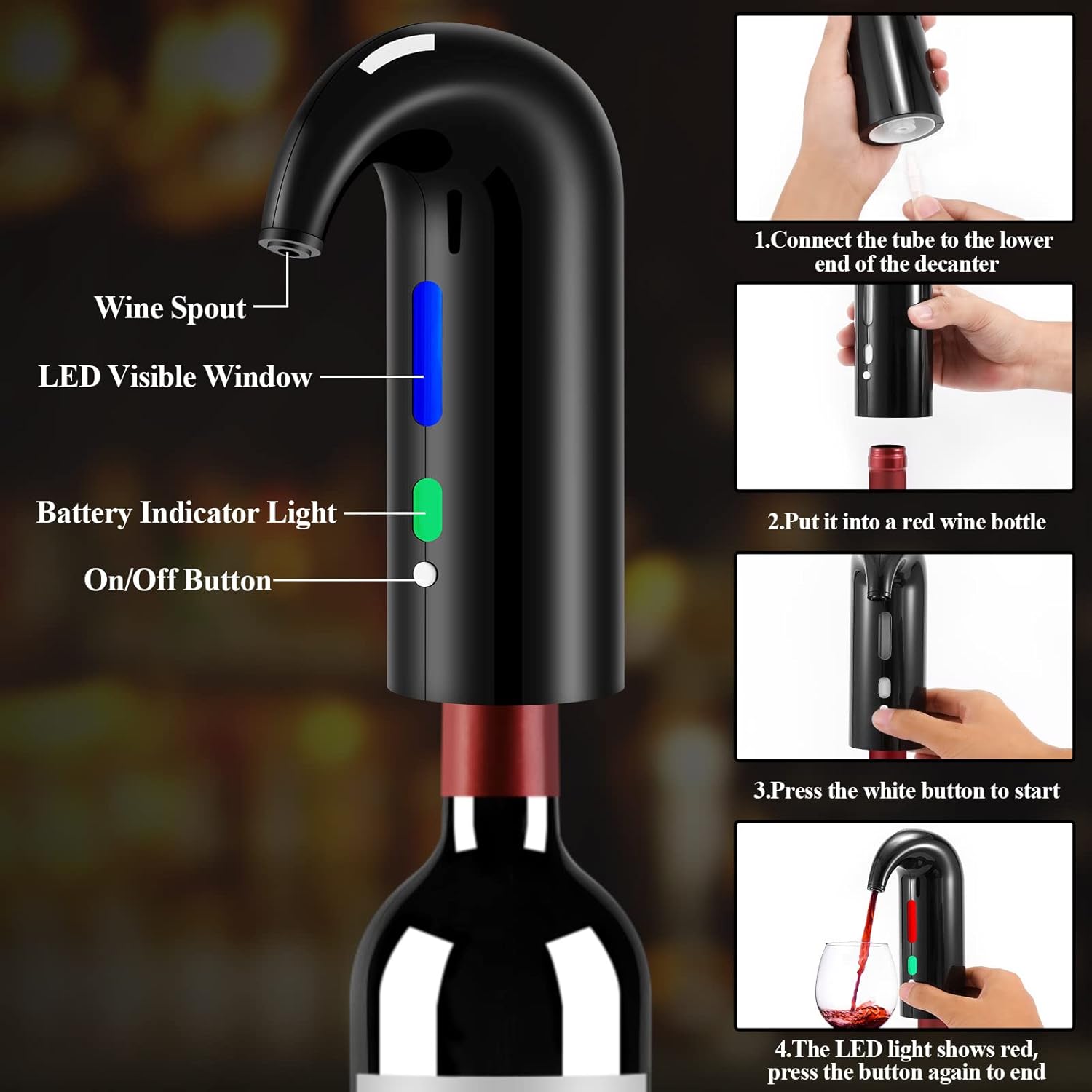 Wine Opener Christmas Day Gift Set with Electric Wine Bottle Opener, Wine Decanter&Wine Aerator and Pourer, wine stopper, Foil Cutter and EVA Storage Bag, Rechargeable and Automatic(Black) - Image 2