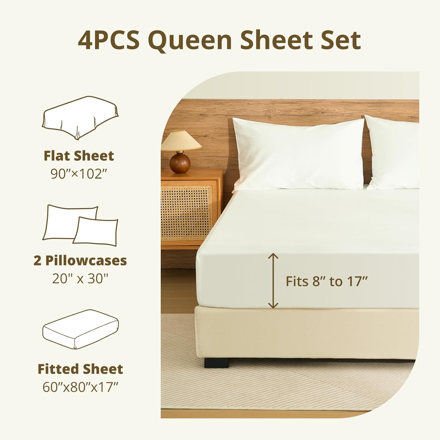 100% Egyptian Long-Staple Cotton Queen Bed Sheet Set with Drawstring and 360°Elastic for Tight Fit, 4PCS 1000TC Bedding Sheets Set, Luxury Soft and Comfort, Deep Pocket Fits 8" to 17" Mattress - Image 6