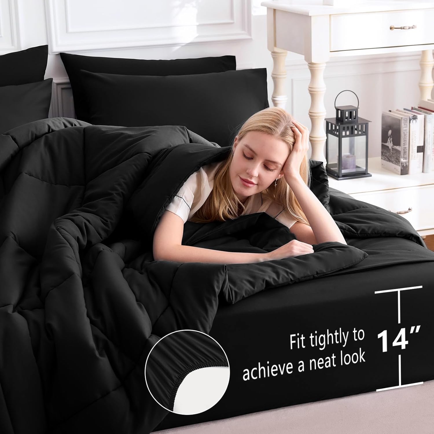 CozyLux King Size Comforter Set Black, 7 Pieces Bed in a Bag, Black Comforter King Size, All Season Bedding Sets with Stitch Quilted Comforter, Flat Sheet, Fitted Sheet, Pillowcases - Image 5