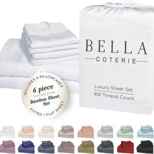 Bella Coterie 6 Piece Luxury Bamboo Viscose King Size Sheet Set | 100% Organically Grown | Cooling for Hot Sleepers | 18" Deep Pocket | Soft & Hypoallergenic | 4 Pillowcases [White]