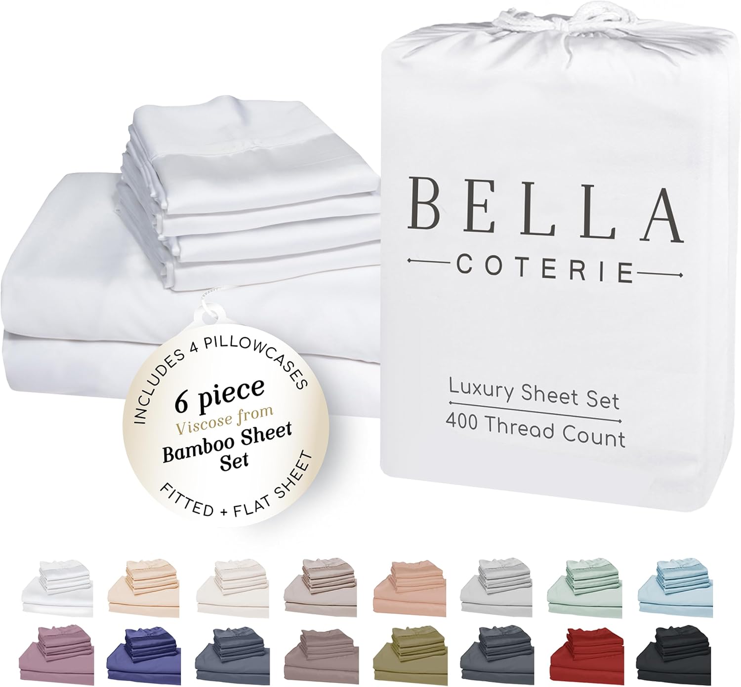 Bella Coterie 6 Piece Luxury Bamboo Viscose King Size Sheet Set | 100% Organically Grown | Cooling for Hot Sleepers | 18″ Deep Pocket | Soft & Hypoallergenic | 4 Pillowcases [White]