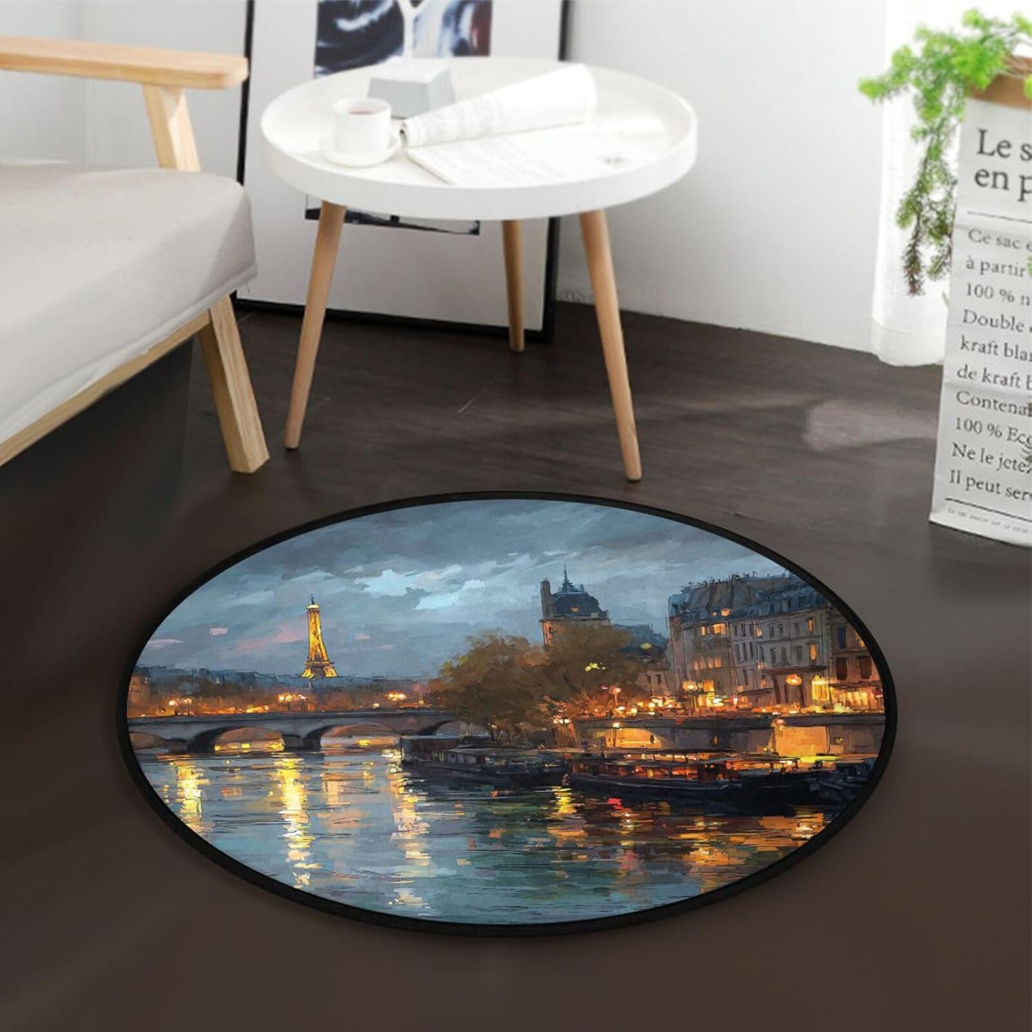 ALAZA Retro Paris Eiffel Tower at Night Round Floor Mat Non-Slip Absorbent Floor Mat for Living Room Bedroom Study Room,36.2 inch Diameter - Image 2