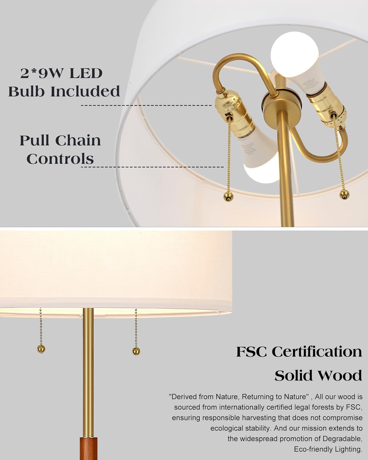 BTP Mid Century Floor Lamp for Bedroom, 2-Lights Wood Floor Lamp with Dual Switch, Tall Reading Standing Light for Living Room Office Farmhouse, 3 Color Temperatures 9W Bulbs*2 Included - Image 5