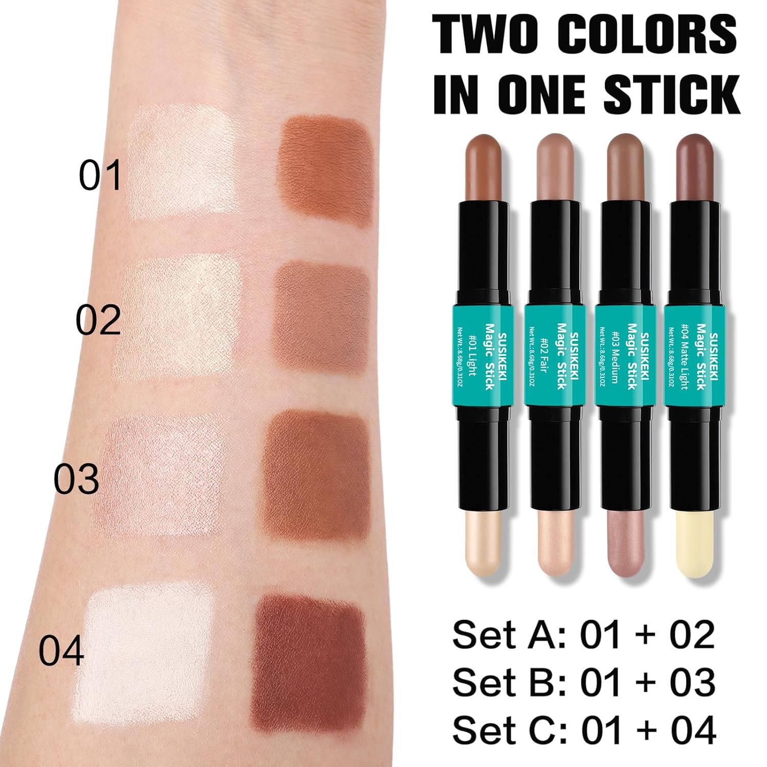 Contour Stick, 2Pcs Dual-Ended Highlighter Makeup Pen & Contouring Stick for Face Shaping, Long Lasting Waterproof Cream Bronzer & Highlight Sticks Make Up Kit for All Skin Tones(01# + 03#) - Image 2