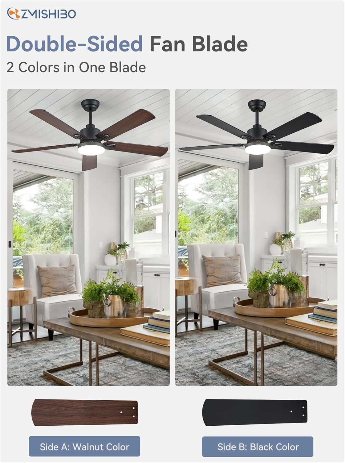 ZMISHIBO 2 Pack 52" Ceiling Fans with Lights, Black Modern Ceiling Fan with Remote, Farmhouse Indoor Ceiling Fan with Dual Finish Blades, Quiet & Strong Motor, Bright LED Light. - Image 3