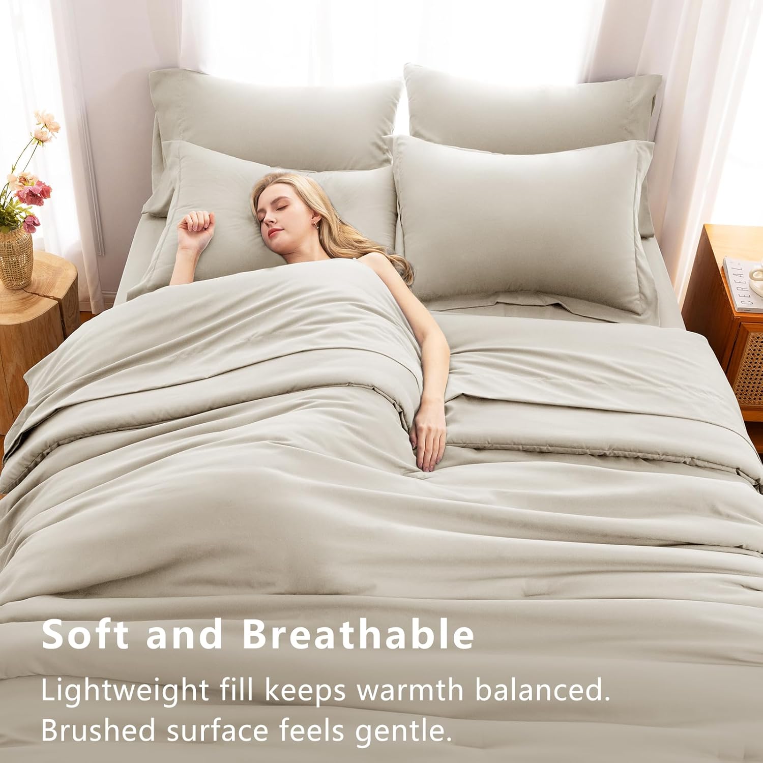 CozyLux Queen Comforter Set Beige, 7 Pieces Bed in a Bag Soft Bedding Comforter Set with Sheets, All Season Boho 7PC Bed Sets with Comforter, Fitted Sheets, Flat Sheets, Pillow Shams and Pillowcases - Image 5