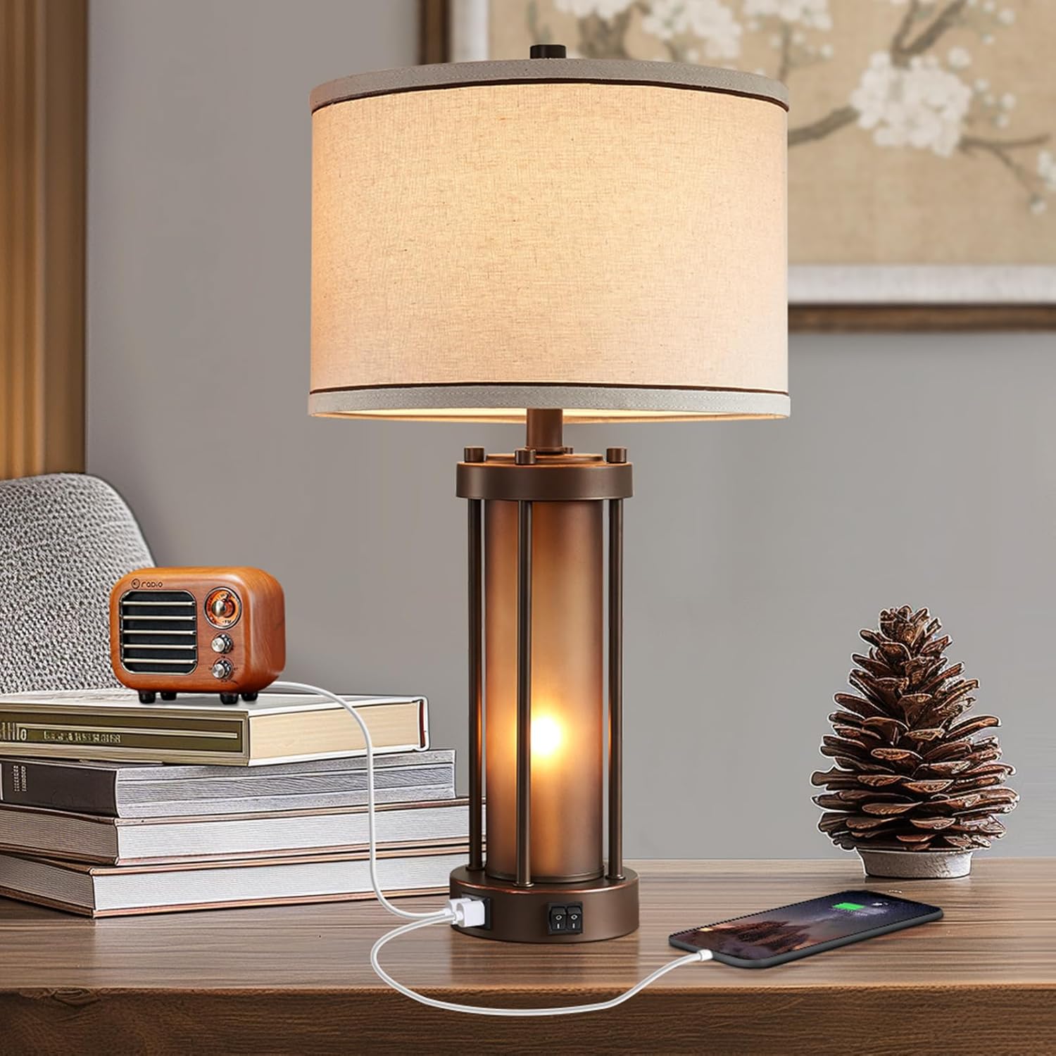 RORIA Farmhouse Table Lamps for Living Room with 2 USB Charging Ports, Vintage Rustic Nightstand Lamp with Amber Glass Nightlight, Retro Desk Lamp for Bedroom Entryway, 2 Bulbs Included - Image 8