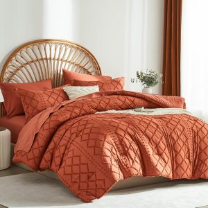 Terracotta Tufted Comforter Set King Size 7 Piece Bed in a Bag,Shabby Chic Boho Comforter and Sheet Set,All Season Soft Microfiber Complete Bedding Set(Terracotta,102"x90")