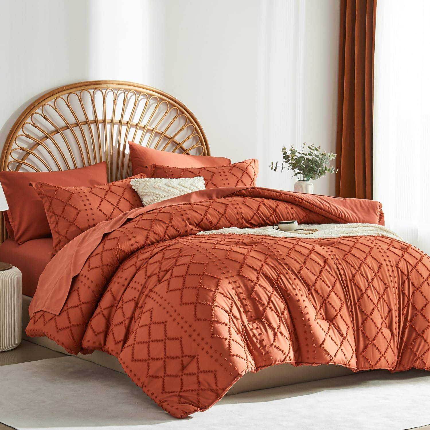 Terracotta Tufted Comforter Set King Size 7 Piece Bed in a Bag,Shabby Chic Boho Comforter and Sheet Set,All Season Soft Microfiber Complete Bedding Set(Terracotta,102″x90″)