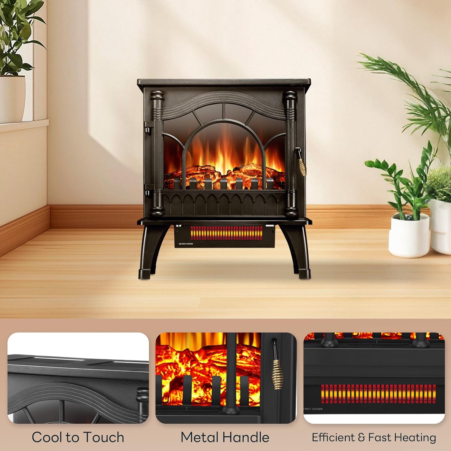 ZAFRO Freestanding Electric Fireplace Stove with Realistic Flame, 5100 BTU Electric Fireplace Heater with Retro Design, 1000W/1500W, Dual Safety Protection for Living Room, Bedroom - Image 3