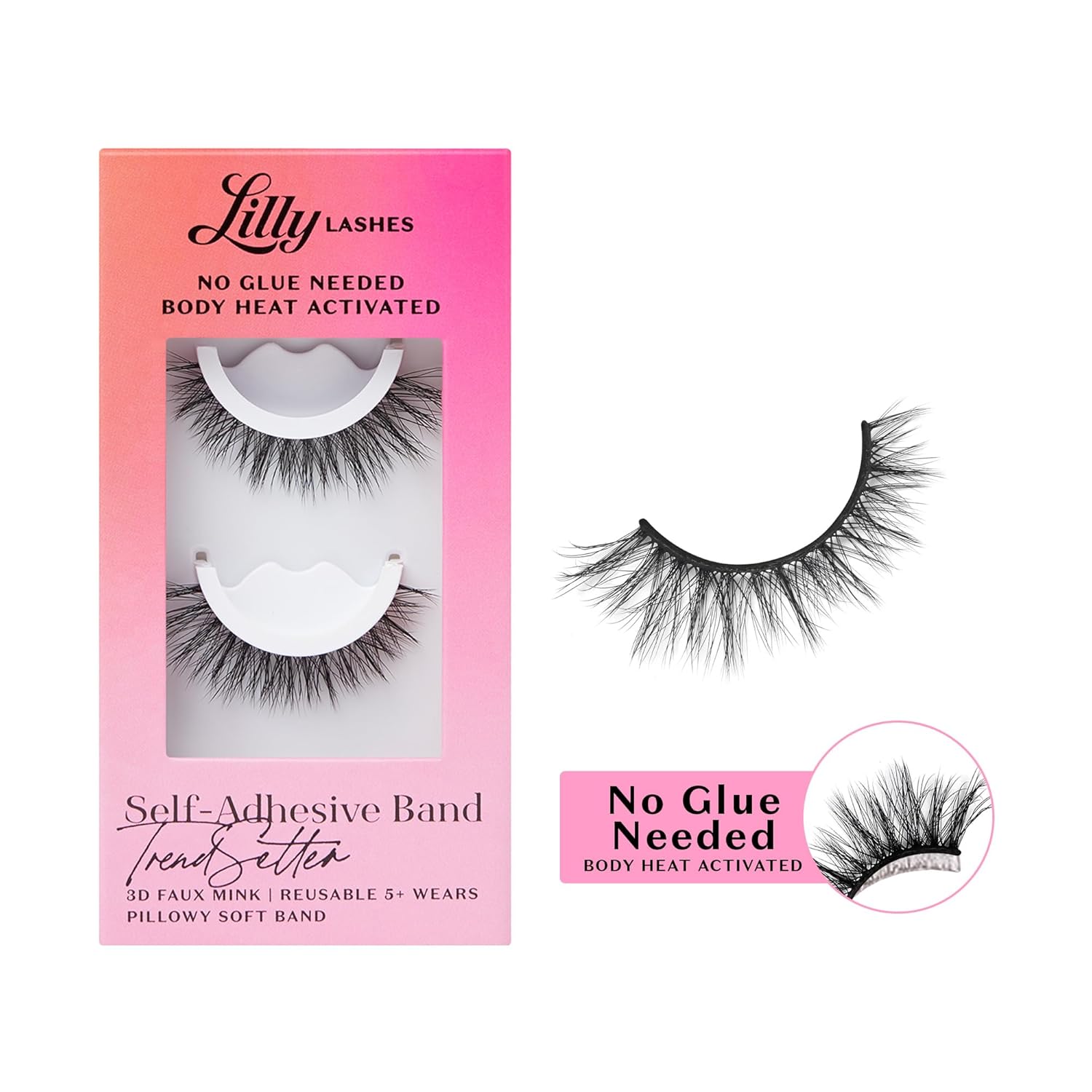 Lilly Lashes 3D Self Adhesive Eyelashes, No Lash Glue Needed, Body Heat Activated Press on Lashes, Reusable Self Adhesive Eyelashes Up to 5x, Easy to Apply & Remove (TrendSetter)