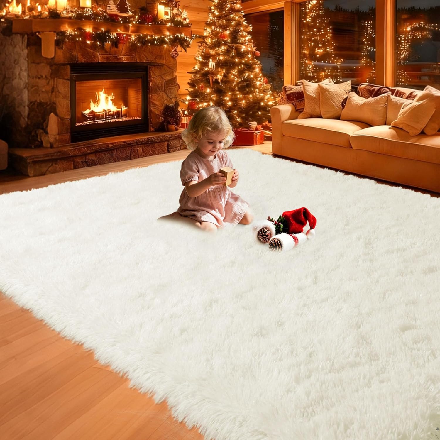 8×10 Area Rugs Living Room, Cream White Large Plush Fluffy Bedroom Carpet, Non-Slip Upgraded Indoor Thick Soft Rug, Modern Plush Carpet Suitable for Kids Home Decor Aesthetics Dorm.