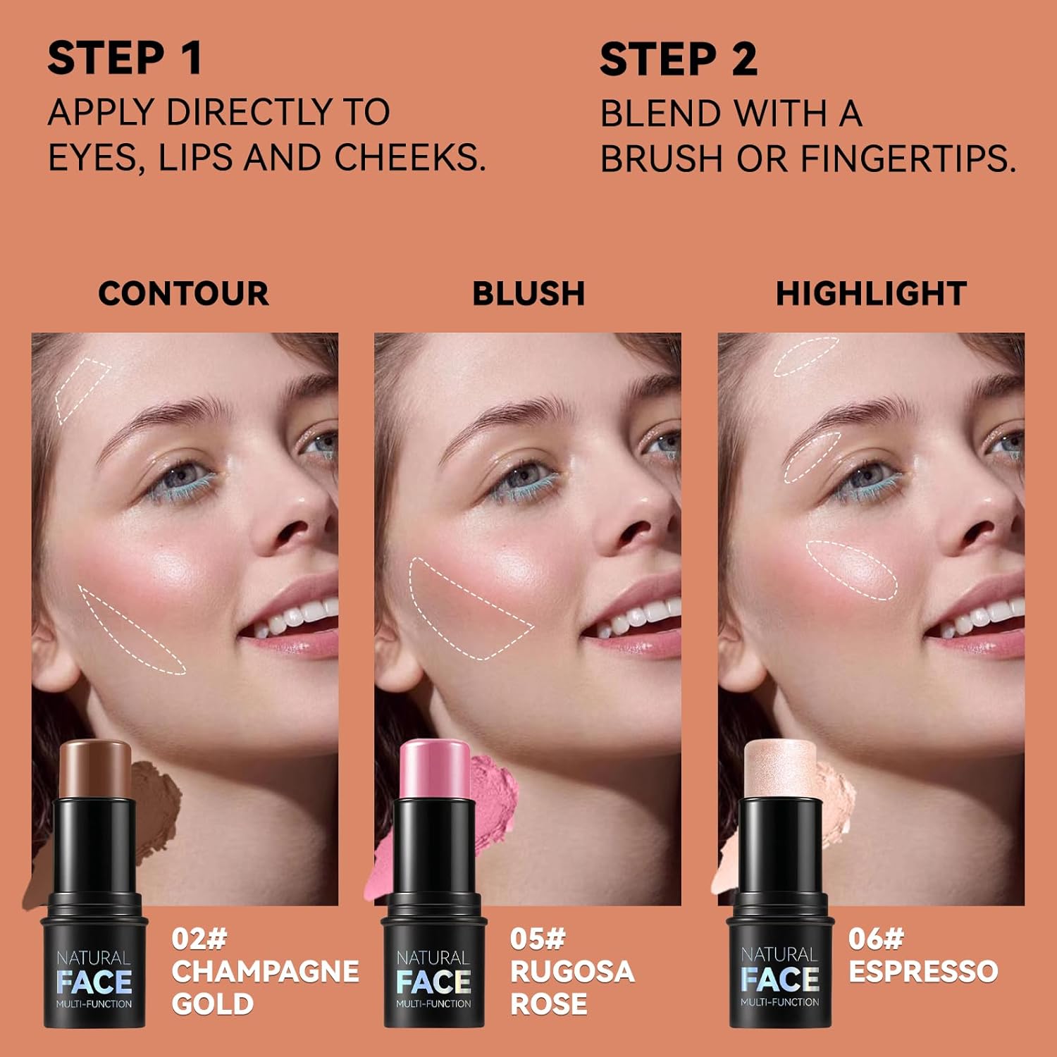 3Pcs Cream Contour Stick Makeup Kit, Shades with Highlighter, Blush and Bronzer Contour Stick for Sculpt the Cheeks, Long Lasting, Waterproof, Matte & Dewy Finish LIGHT MEDIUM(2+5+6) - Image 3