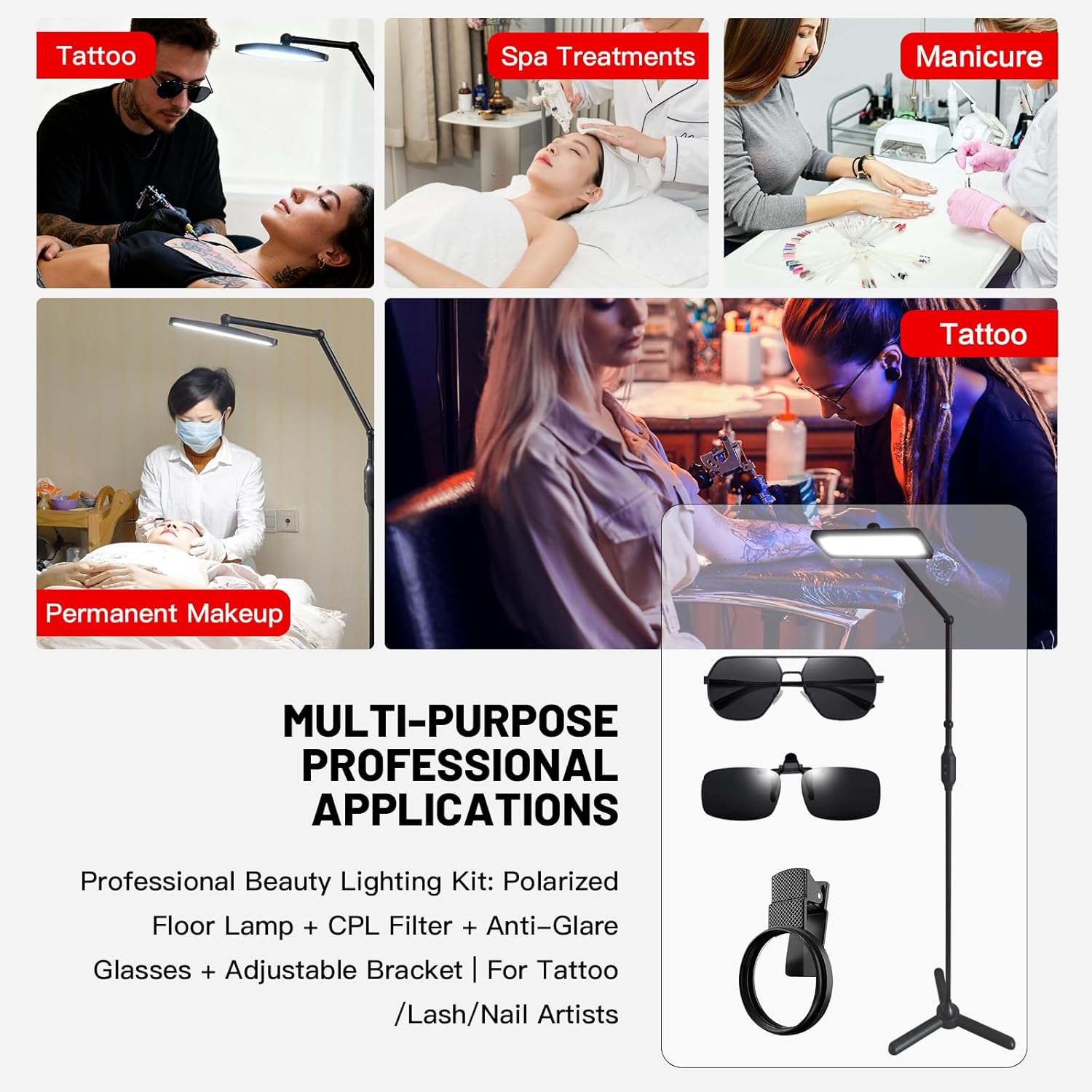 GBK Tattoo Work Lighting Floor Lamp Kit with Polarized LED Tattoo Light,Tattoo Vision Glasses,CPL Filter,Adjustable Brightness - Anti Glare for Tattoo Artists, Eyelash Extensions & Nail Art - Image 8
