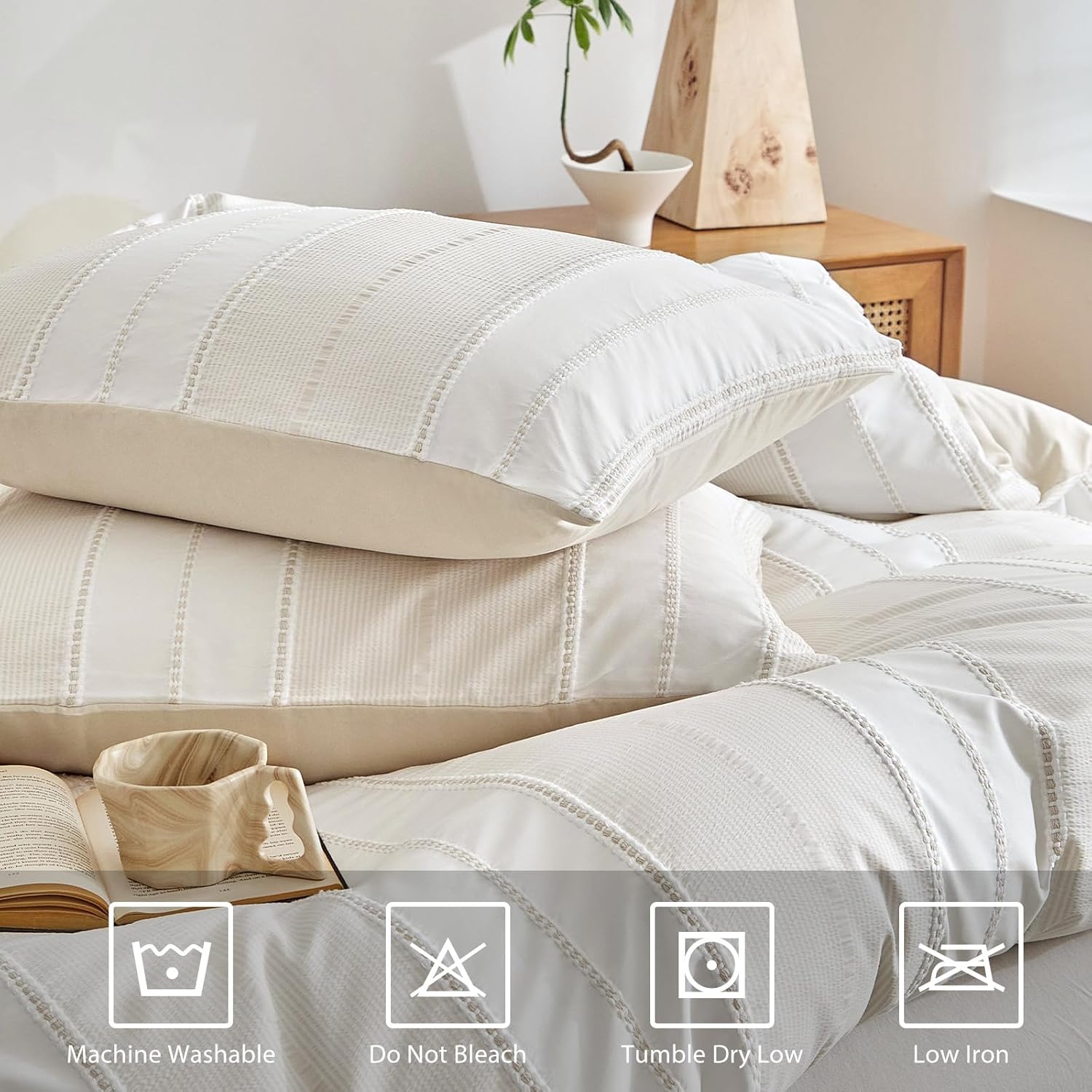 WARMDERN Khaki Striped Weave Duvet Cover Queen Size, White Knit Boho Duvet Cover Set, Microfiber Textured Bedding Set with Zipper Closure and Corner Ties (Khaki, Queen) - Image 7