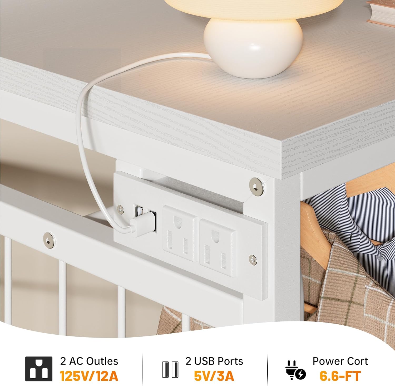 EnHomee 49.2" W White Dresser for Bedroom with Hanging Rack, 6 Drawers Dresser with LED Lights & Charging Station, Fabric Dressers & Chest of Drawers with Rack, Wooden Top, Grid Panel - Image 5