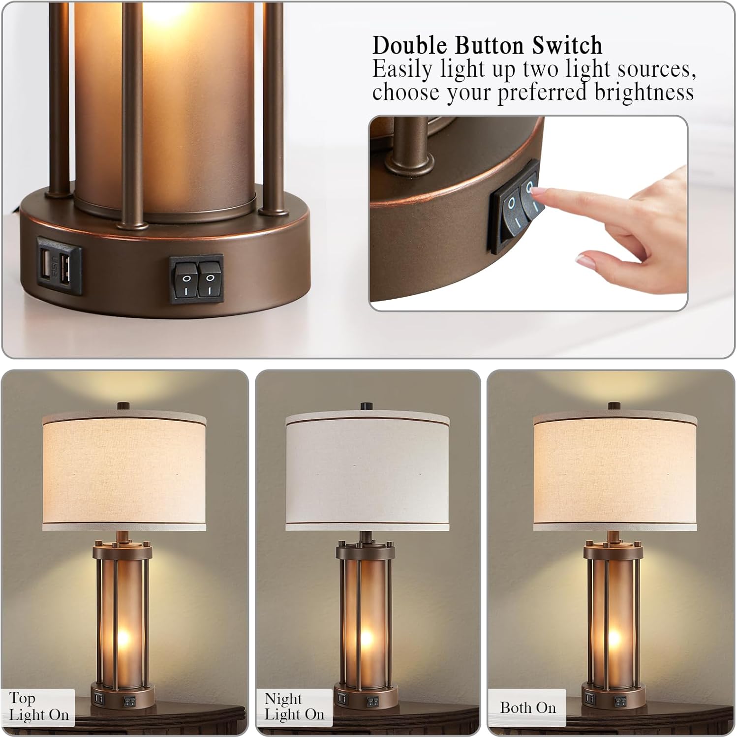 RORIA Farmhouse Table Lamps for Living Room with 2 USB Charging Ports, Vintage Rustic Nightstand Lamp with Amber Glass Nightlight, Retro Desk Lamp for Bedroom Entryway, 2 Bulbs Included - Image 3