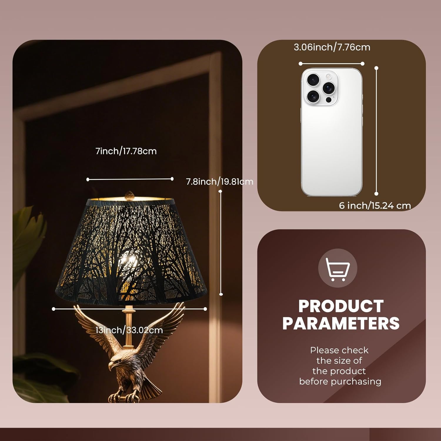 Metal Lamp Shade, ALUCSET Barrel Lampshade with Pattern of Trees Lampshades for Table Lamp, Metal Lamp Shades 7" Top x 13" Bottom x 7.8" High Spider Fitter, Bronze Gold - Image 4