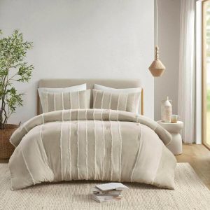 CHARMMA 3 Piece Striped Cotton Comforter Set Taupe Full/, Taupe, 92.00x90.00x1.50in