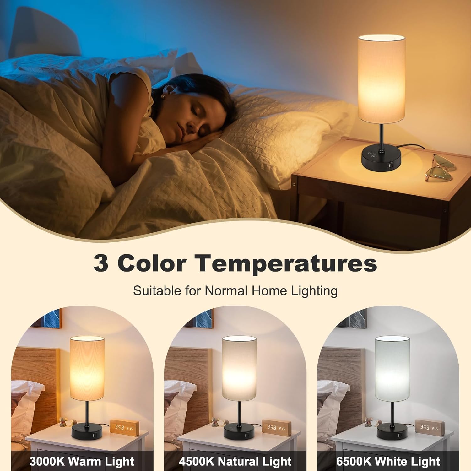 Unicozin Small Table Lamp, 3 CCT 3000K/4500K/6500K & RGB Color Changing, Stepless Dimmable Bedside Lamp for Reading, Touch Control Ambience Nightstand Light for Home Decor Party, Cream Shade - Image 2