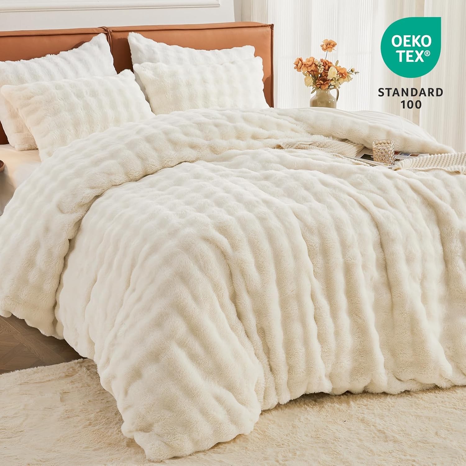 EMME Faux Fur Duvet Cover Queen Size, 3 Pieces Ultra Soft Fluffy Comforter Cover, Cozy Warm for Winter, Luxury Elegant Shaggy Bubble Design Bedding, 1 Duvet Cover & 2 Pillow Shams (Queen, Cream White) - Image 4