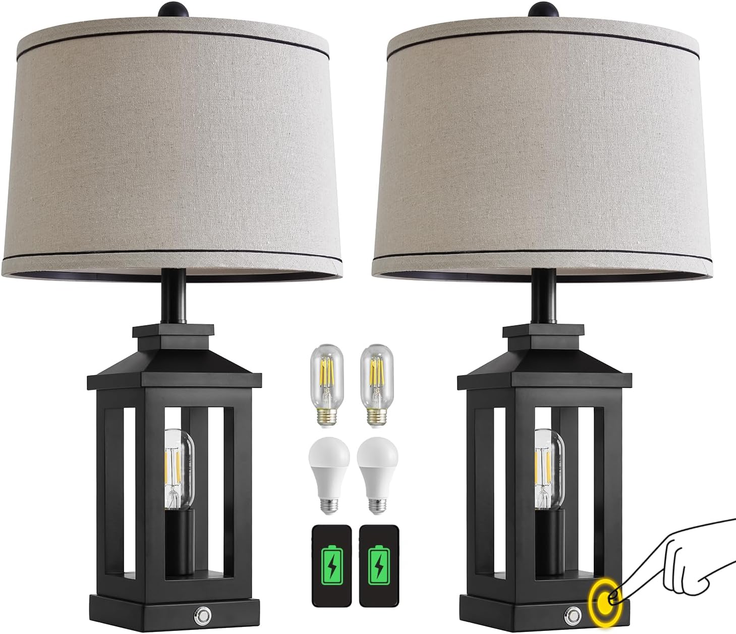 23.75" Retro Farmhouse Black Table Lamp for Living Room Bedroom Nightstand Set of 2 Touch Control Bedside Nightlight Vintage Modern Lamp with USB C+A Ports and 2 Light Sources - Image 9