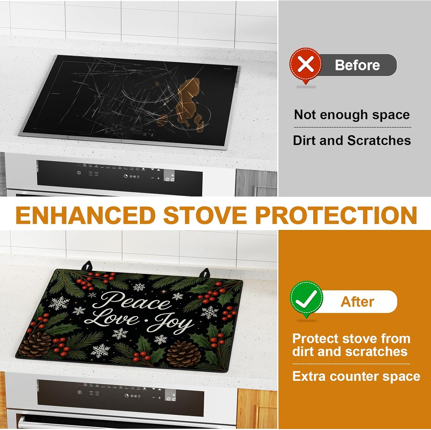 Winter Stove Cover for Electric Stove (28.5"x20.5") , Stove Top Cover with Snowflakes Pinecones and Holly Leaves, Farmhouse Holiday Kitchen Decor, Heat Resistant Stove Protector - Image 3