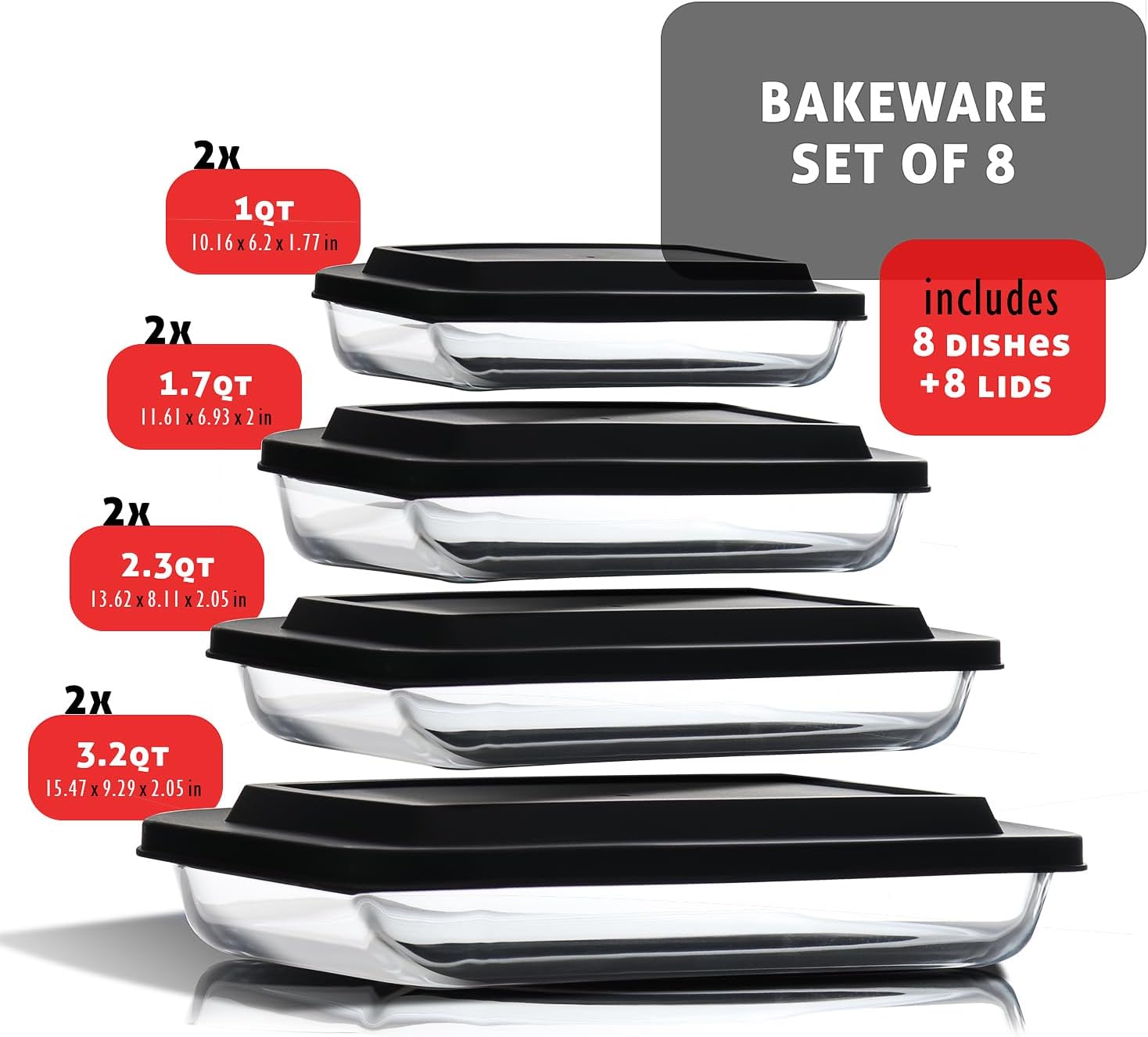 Nestl 8-Pack Glass Baking Dishes for Oven, Glass Food Storage Containers with Lids, Leakproof Casserole Dishes for Oven with Lid, Cooking, Microwave Oven Freezer Safe Bakeware, 9x13 Lasagna Pan Black - Image 9