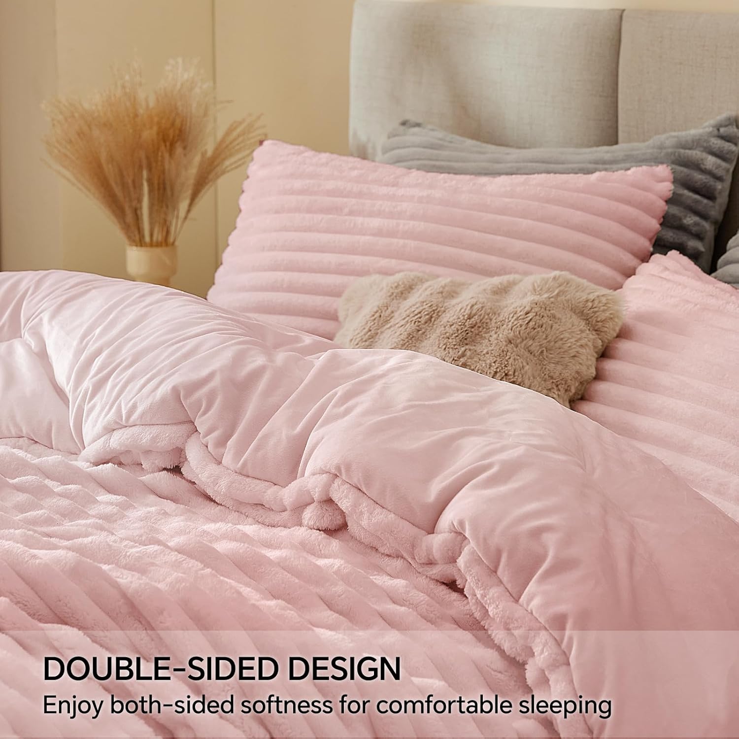 BEDELITE Fleece Queen Comforter Set -Super Soft & Warm Fluffy Pink Bedding, Luxury Fuzzy Heavy Bed Set for Winter with 2 Pillow Cases - Image 4