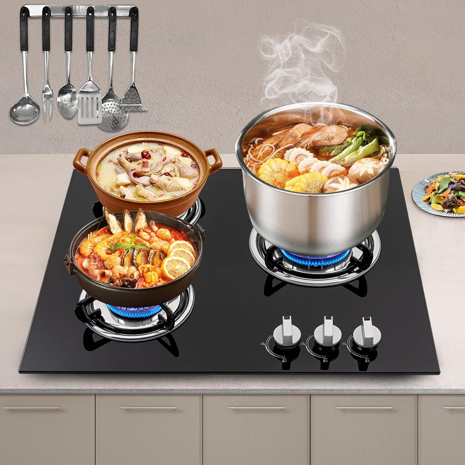 Built-in Gas Cooktop,3 Burners Gas Stovetop,NG Cooktops with Glass panel,countertop with Auto Shutoff, Hob for kitchen - Image 2