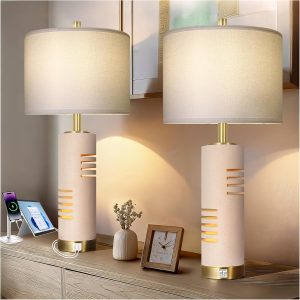27.5" Faux Stone Table Lamps Set of 2 with Night Light, Farmhouse Lamps for Living Room with USB A+C Ports, Bedside Table Lamps with Linen Shade for Bedroom Nightstand Office (Bulb Included)