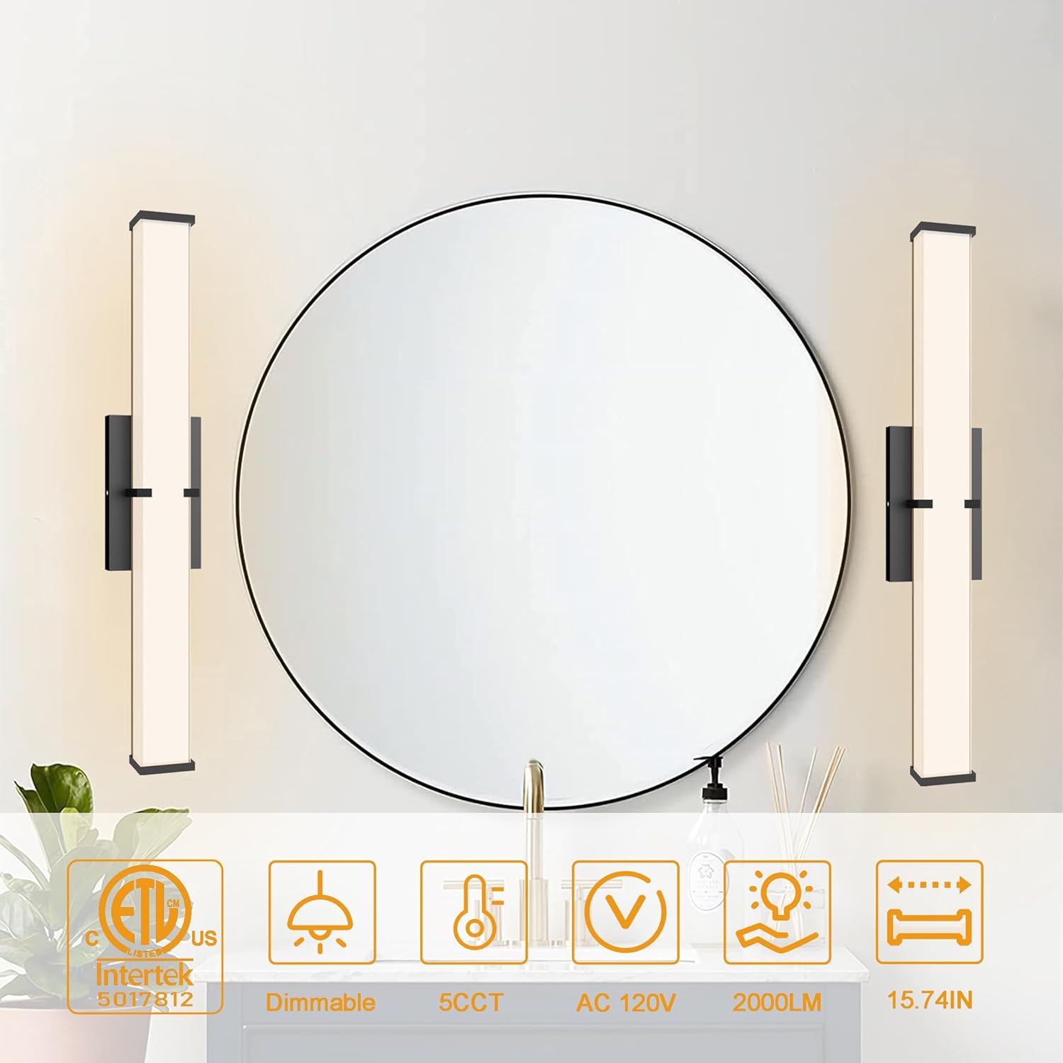 15.74Inch 2000LM Bathroom Light Fixtures 5CCT Optional, Black Modern LED Vanity Lights Clear Shade, Dimmable Bathroom Lighting Fixtures Over Mirror - ETL Listed - Image 6