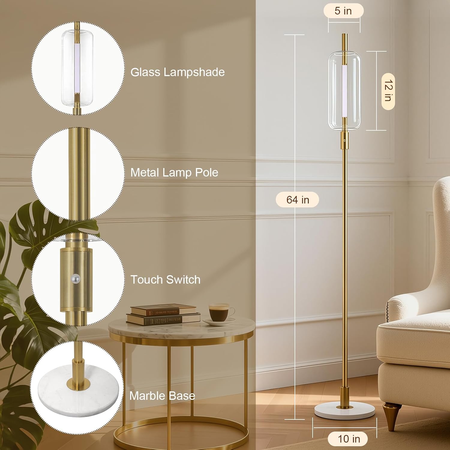LED Light Strip 6W 24V Glass Floor Lamps for Living Room, Modern Tall Lamp with Glass Lampshade Touch Switch, Marble Base, 64" Stepless Dimmable Standing Floor Lamp for Bedroom Office - Image 2