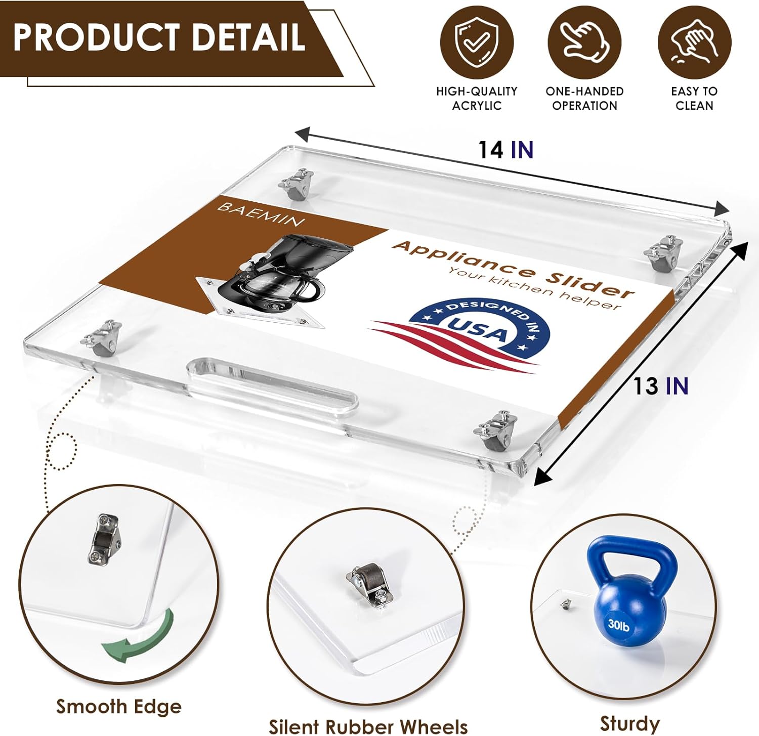 Acrylic Appliance Slider with Rubber Wheels, Sliding Tray for Heavy Kitchen Appliances, Coffee Maker Slider Tray for Counter, Countertop Moving Tray Accessories for Kitchen - 13" x 14" (Clear) - Image 6