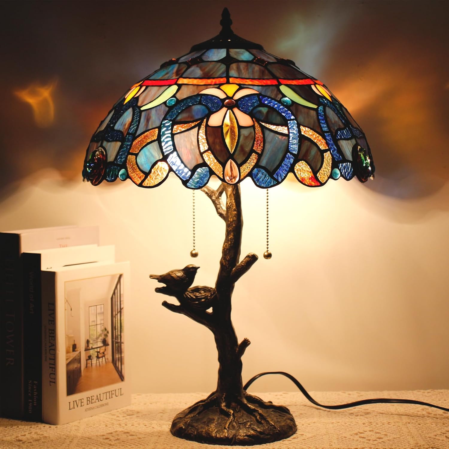 Large Tiffany Lamp Shade Replacement Only 16Inch Stained Glass Lampshade Fit For Table Lamps FLoor Lamp Ceiling Fixture Pendant Hanging Light Home Office Decoration (Blue purple) - Image 6