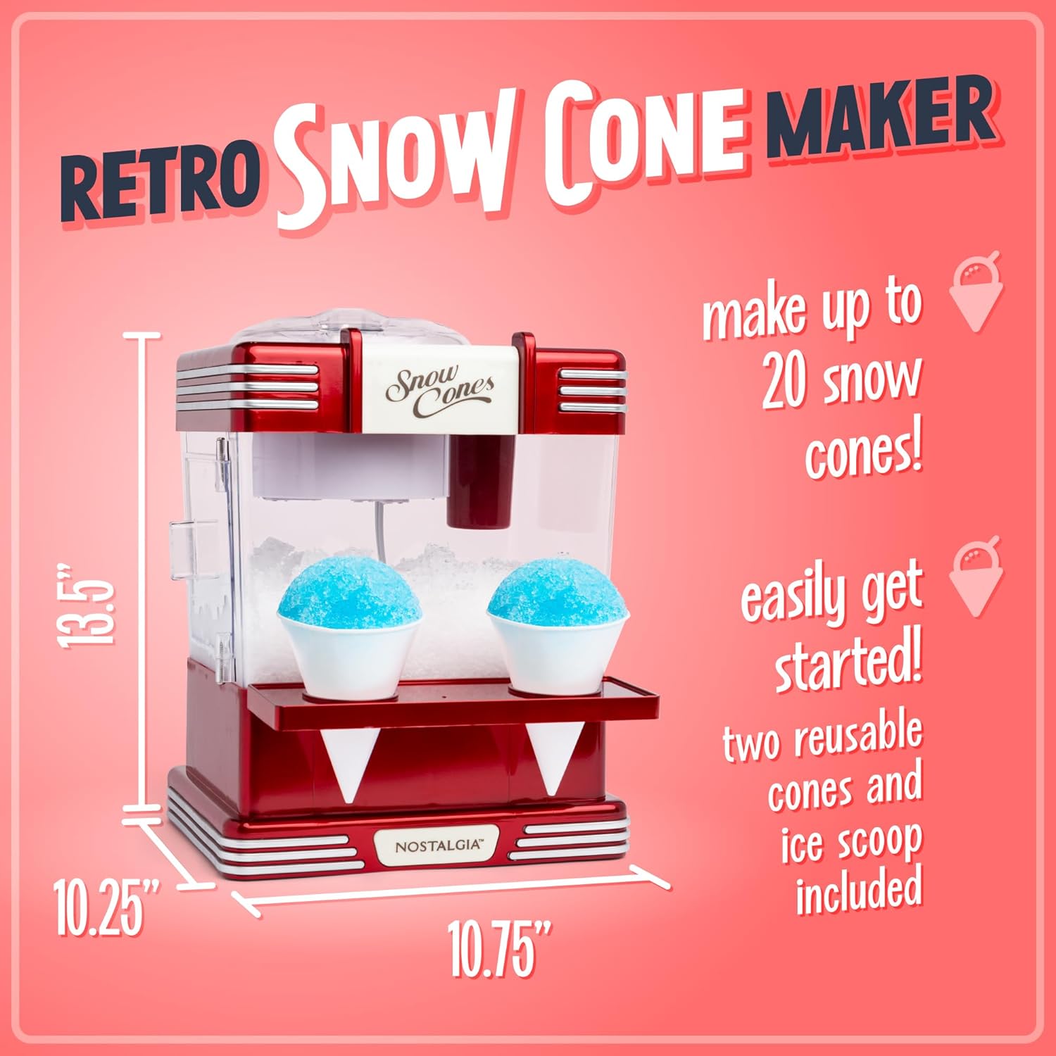 Nostalgia Snow Cone Shaved Ice Machine - Retro Table-Top Slushie Machine Makes 20 Icy Treats - Includes 2 Reusable Plastic Cups & Ice Scoop - Retro Red - Image 2