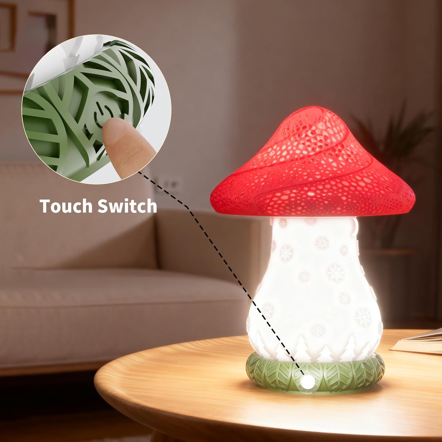 Mushroom Table Lamp for Christmas, Rotatable Lampshade Battery Operated Lamp with USB C Charging & Touch Control, 3 Color Temperatures Bedside Lamp for Bedroom, Living Room, Night Stand - Image 2