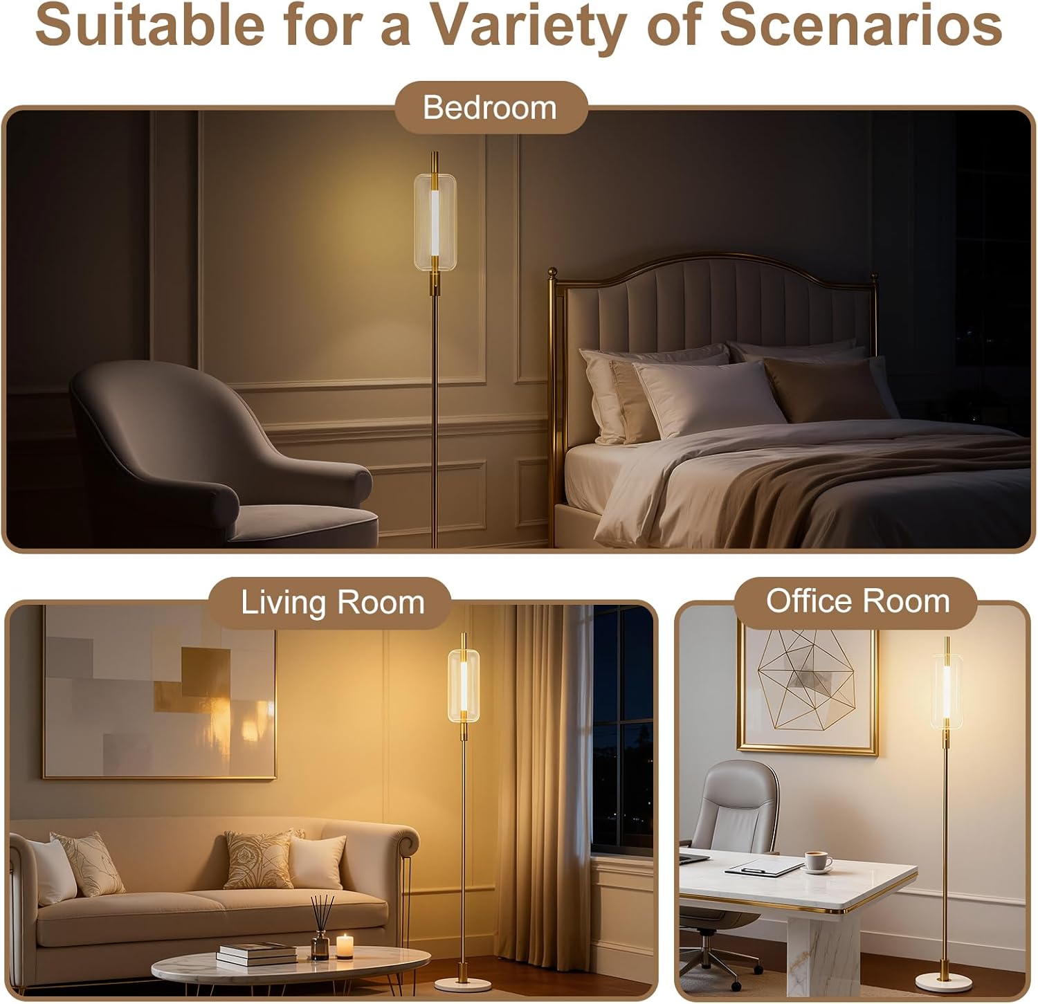 LED Light Strip 6W 24V Glass Floor Lamps for Living Room, Modern Tall Lamp with Glass Lampshade Touch Switch, Marble Base, 64" Stepless Dimmable Standing Floor Lamp for Bedroom Office - Image 6