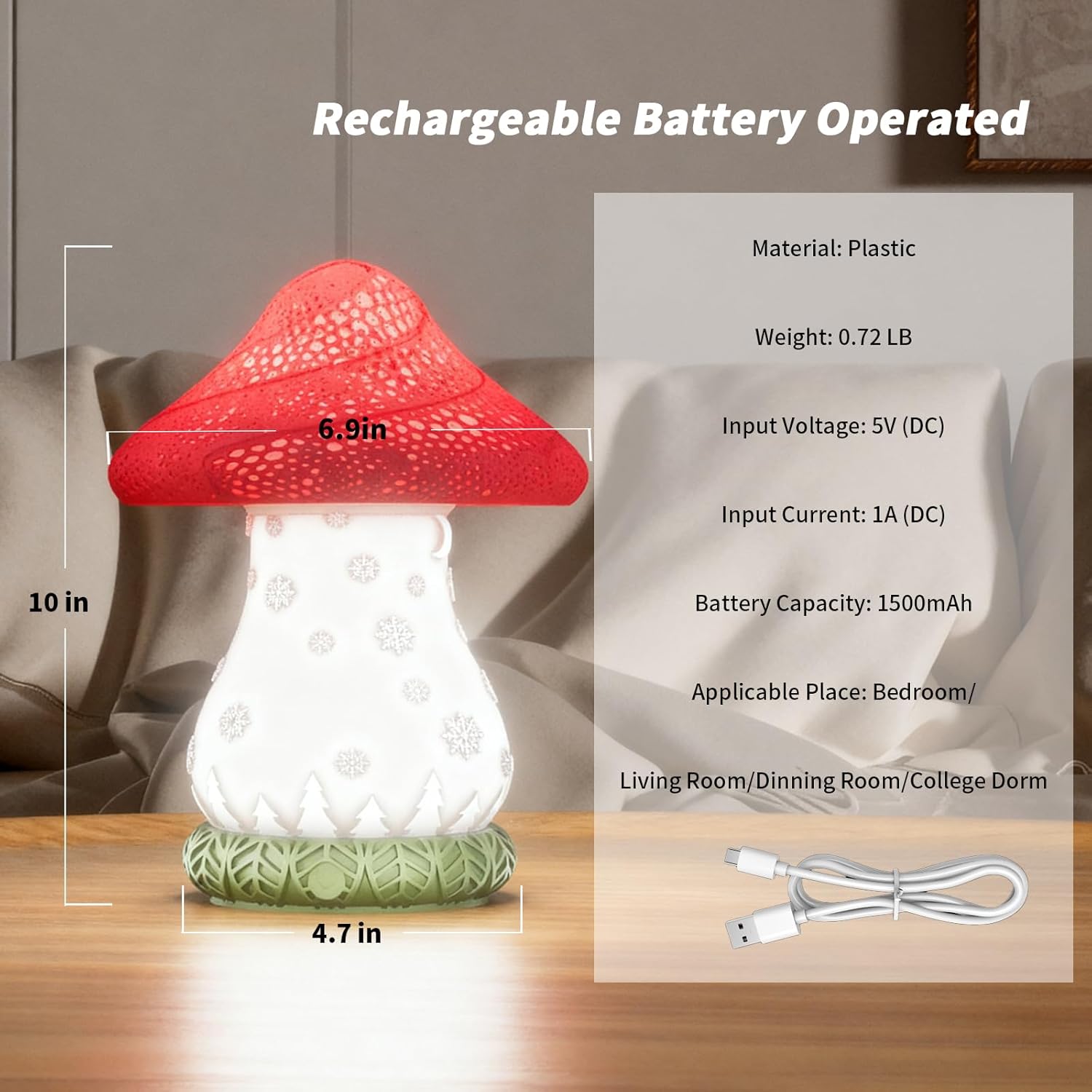 Mushroom Table Lamp for Christmas, Rotatable Lampshade Battery Operated Lamp with USB C Charging & Touch Control, 3 Color Temperatures Bedside Lamp for Bedroom, Living Room, Night Stand - Image 6